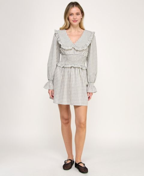 Женское платье Crystal Doll Juniors' Collared Smocked Checker Pattern, цвет: Слоновая кость / Чёрный