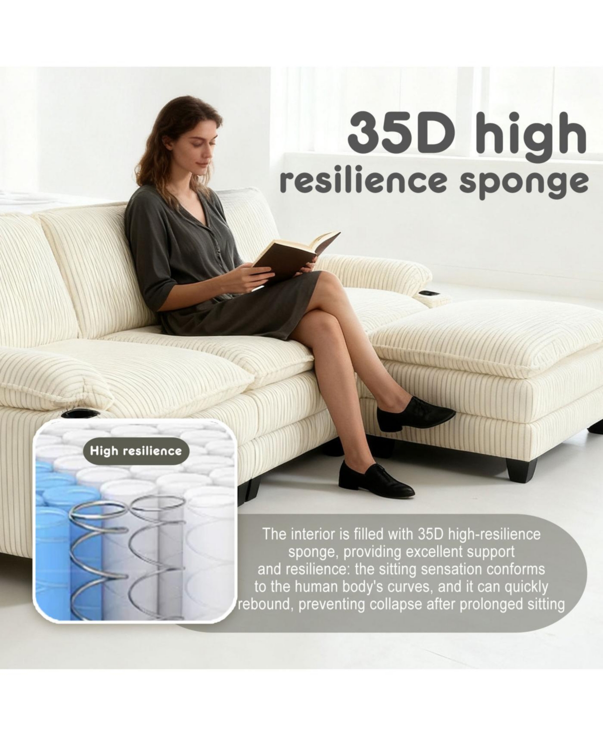 Streamdale Furniture Modern 3+1 L-Shaped Corduroy Sofa with Ottoman, Cloud Couch for Living Room.