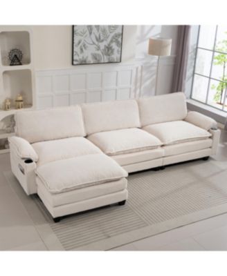 Modern 3+1 L-Shaped Corduroy Sofa with Ottoman, Cloud Couch for Living Room.
