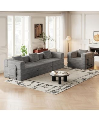 4-seater folding sofa bed with corduroy fabric, storage pockets & cushions.