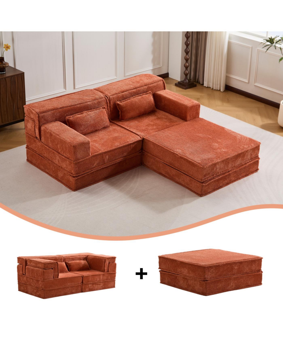 Streamdale Furniture Orange Compression Sofa, Convertible Floor Sofa Bed