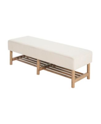Rectangular Upholstered Linen Fabric Ottoman Bench, Solid Wood Legs, Beige
