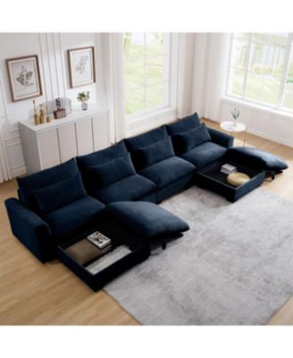 Blue Corduroy U-Shaped Sectional Sofa with Storage Ottomans & Pillows