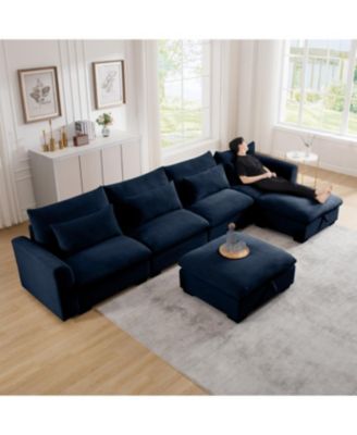Blue Corduroy U-Shaped Sectional Sofa with Storage Ottomans & Pillows