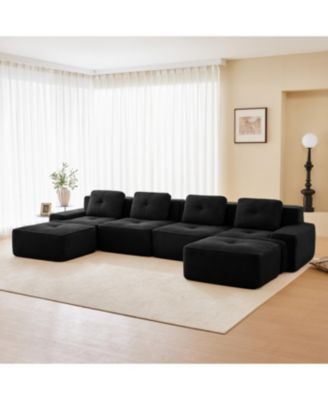 153" Modern U-Shaped Corduroy Sectional Sofa, 4-Seater Couch with Ottomans, Black