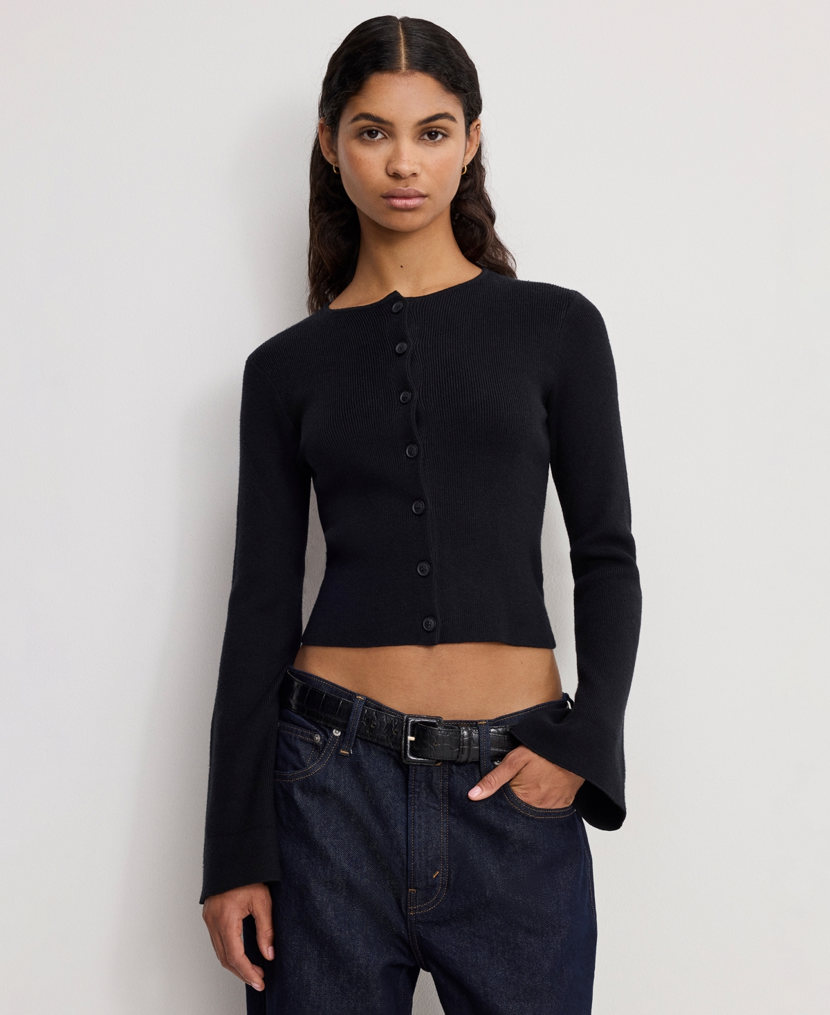 Good American Women's Bell Sleeve Knit Cardigan Sweater