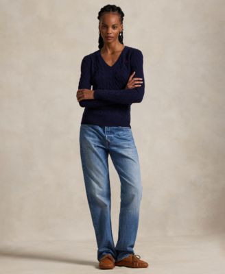 Women's Cable Wool-Cashmere V-neck Sweater