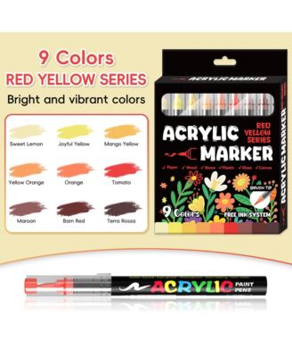 9 Colors Vibrant Warm Series Acrylic Markers, Soft-Tip Direct-Ink Pigment Pens, Automatic Ink Control for Rock, Egg, Wood, Glass, Paper, Mugs