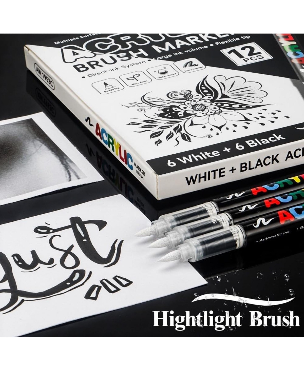 Htutwoo 12Pcs White Acrylic Paint Pens, Soft Brush Tip Markers for Wood, Metal, Rock, Plastic, Glass, Canvas and Fabric