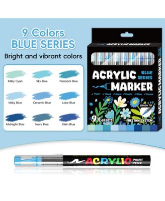9 Colors Blue Series Acrylic Markers, Soft-Tip Direct-Ink Pigment Pens.