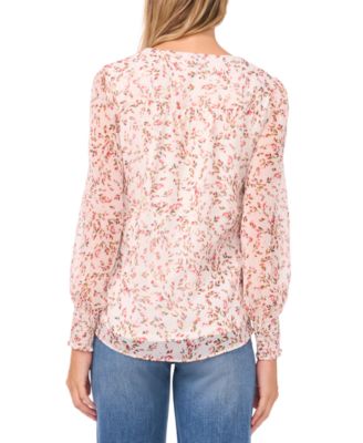 Petite Button-Front Smocked-Cuff Blouse