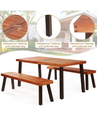 3 Pieces Picnic Table Set Acacia Wood Table Bench with Steel Legs Outdoor Patio