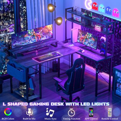 49'' Small L Shaped Desk with Hutch, Reversible Computer Gaming Desk with Outlet and LED Strip