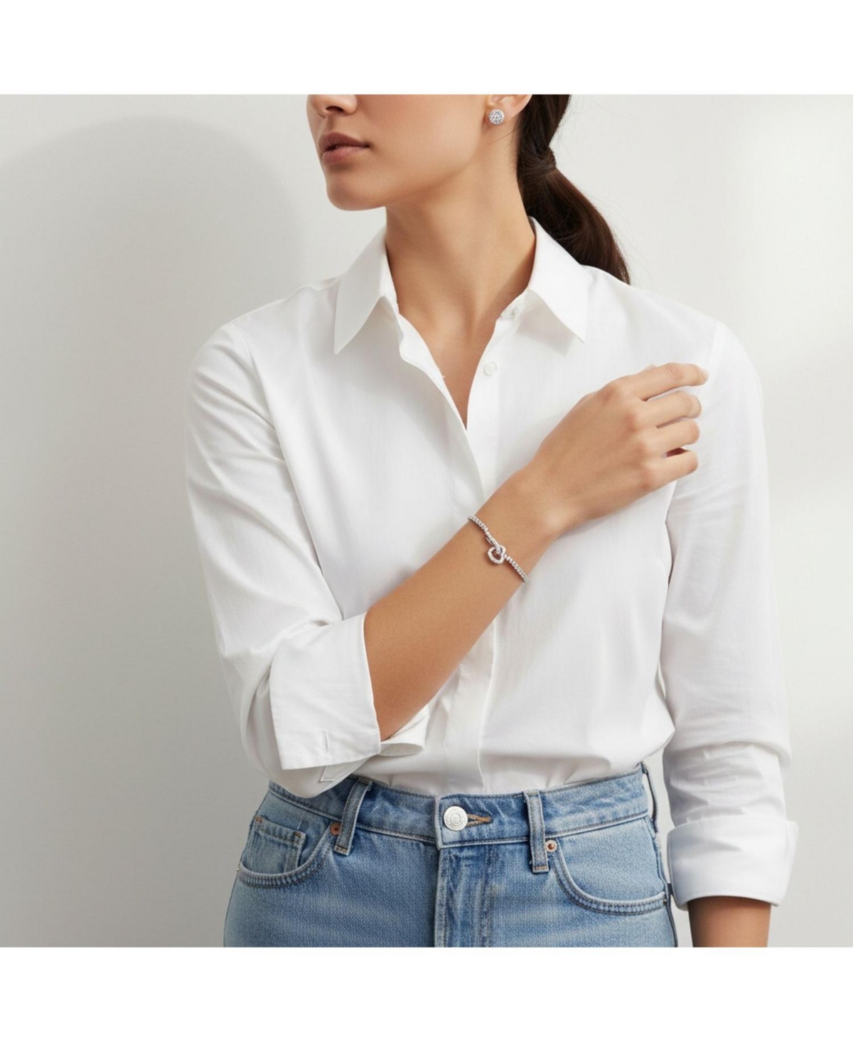 Bling Jewelry Open Heart Cubic Zirconia Bezel Tennis Bracelet & Round Stud Earrings Jewelry Set Sterling Silver