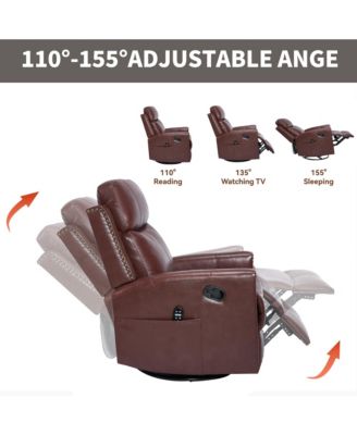 Genuine Leather Heat Massage Manual Recliner Chair with Rocker and Swivel