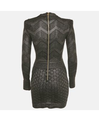 Women's Black Lurex Patterned Knit Mock Neck Mini Dress