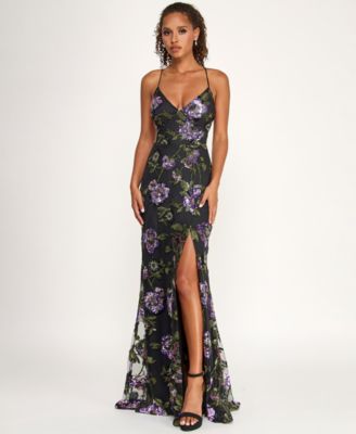 Juniors' Floral Embroidery Sequin Applique Front Slit Gown