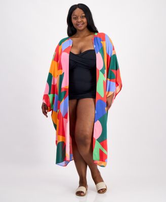 Plus Size Printed Open-Front Kimono Cover-Up