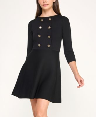 Juniors' 3/4-Sleeve Chain Neck Fit & Flare Sweater Dress