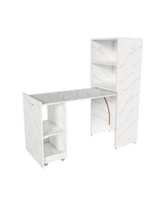 Streamdale Stretchable desk with storage shelves and wheels, foldable, white marble