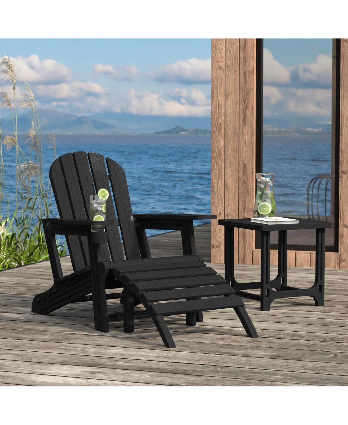 3-Piece Hdpe Outdoor Patio Adirondack Chair with Ottoman and 18" Side Table Set
