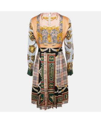 Women's Multicolor Scarf Print Silk Pleated Long Sleeve Midi Dress