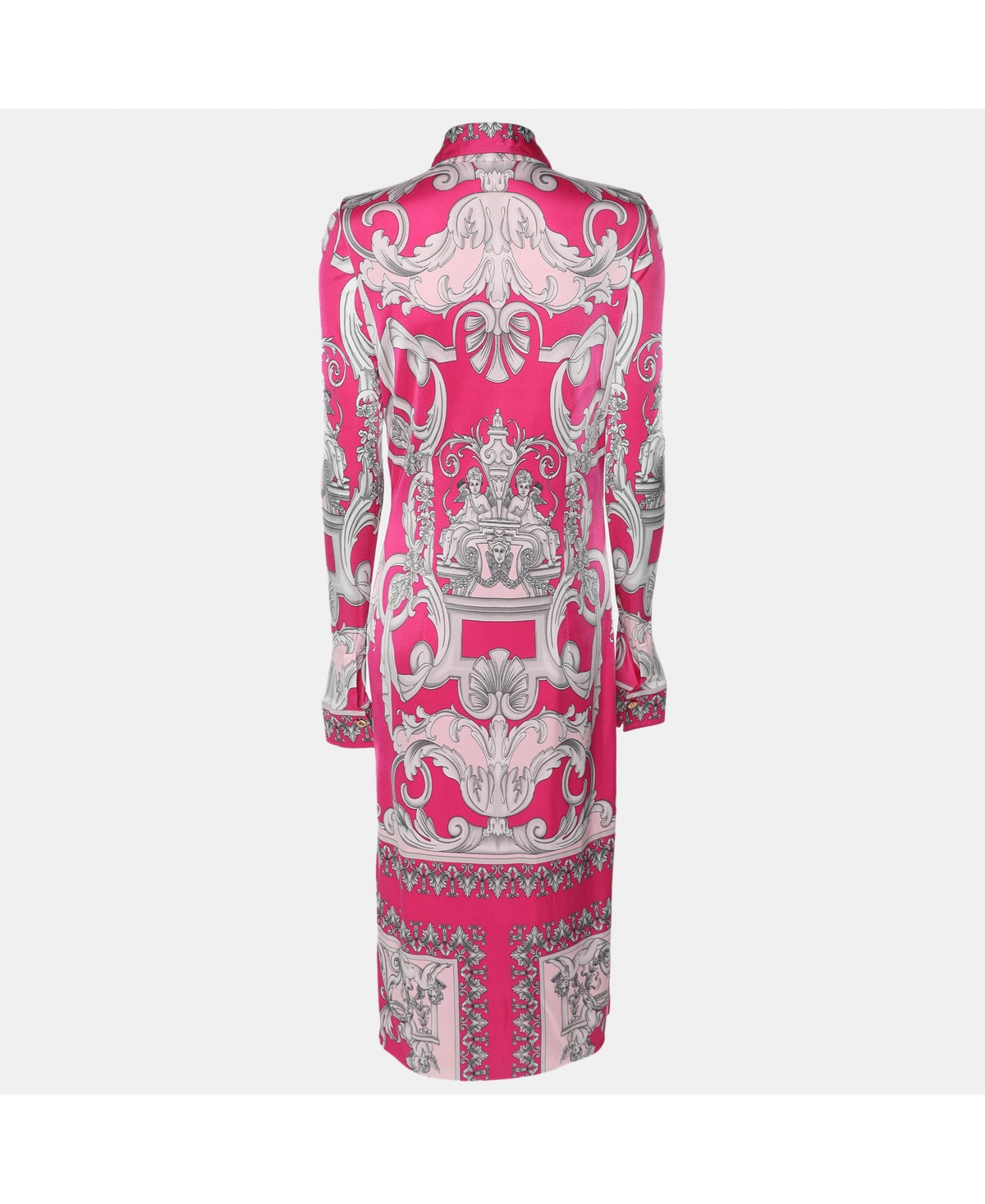 Pre-Owned Versace Women's Pink/silver Satin Baroque Cutout Midi Shirt Dress