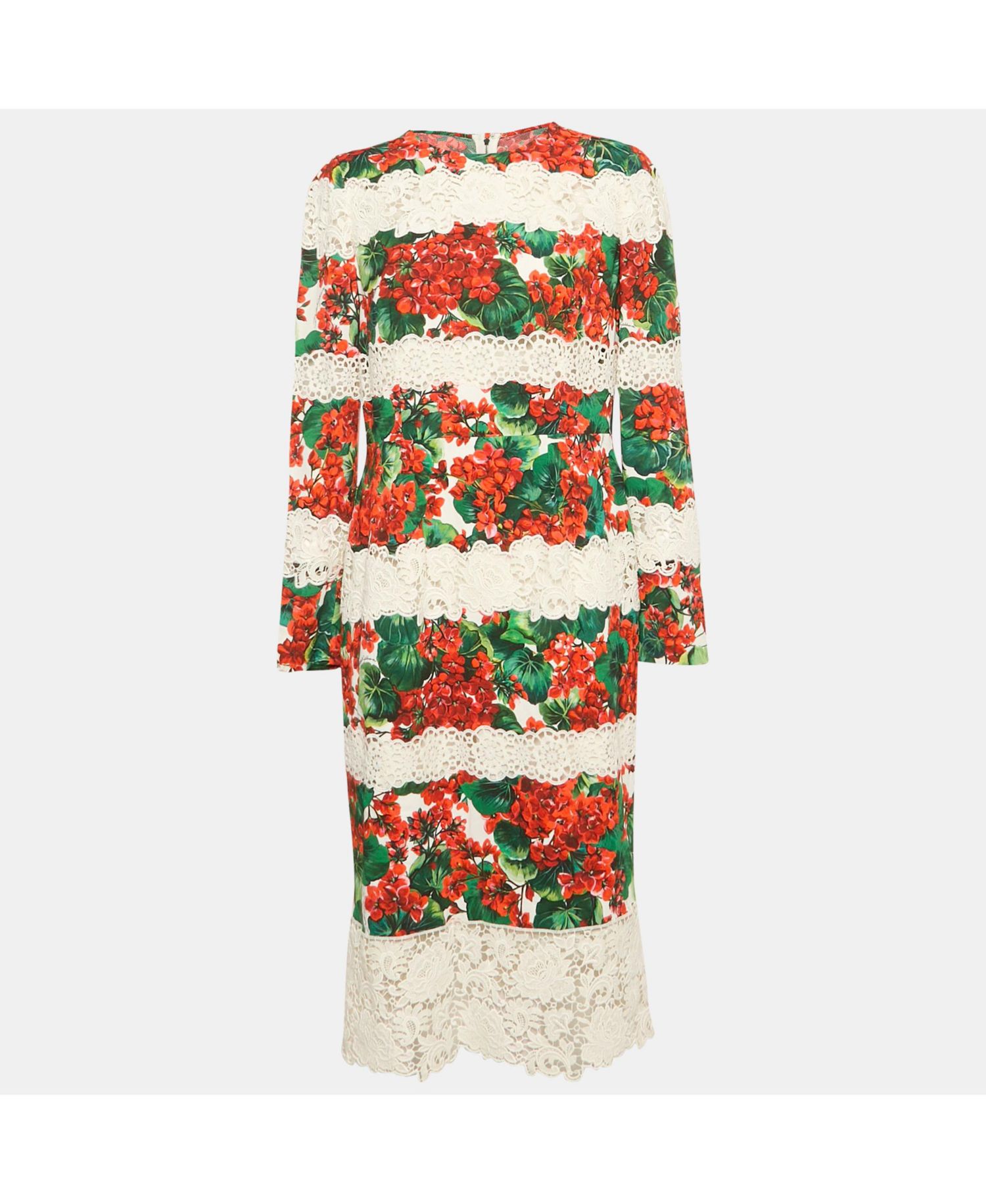 Women's Pre-Owned Dolce and Gabbana Multicolor Floral Print Crepe Lace Panel Detail Midi Dress