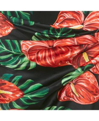 Women's Black Printed Satin Silk One-Shoulder Tie-Up Detail Midi Dress