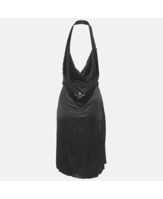 Women's Black Jersey & Silk Halter Neck Backless Belted Mini Dress