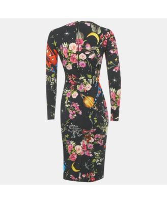 Women's Black Printed Silk Midi Dress