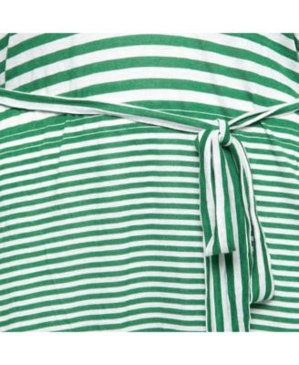 Women's Green Striped Linen Blend Knit Oversized Belted Mini Dress