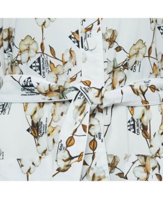 Women's White Floral Logo Print Crepe Belted Midi Shirt Dress