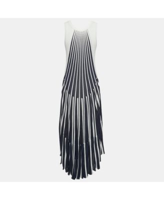 Women's Navy Blue White Vertical Stripe Cotton Knit Midi Dress