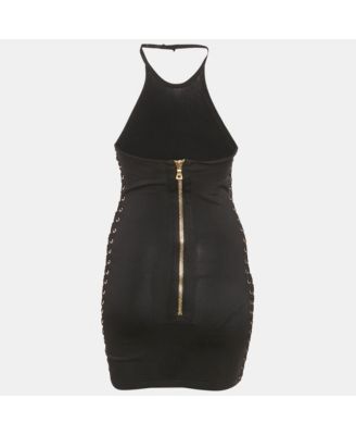 Women's Black Knit Lace-Up Detail Halter Neck Mini Dress