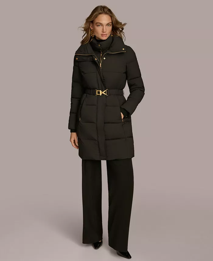 Women's Belted Bibbed Puffer Coat - thumbnail 2