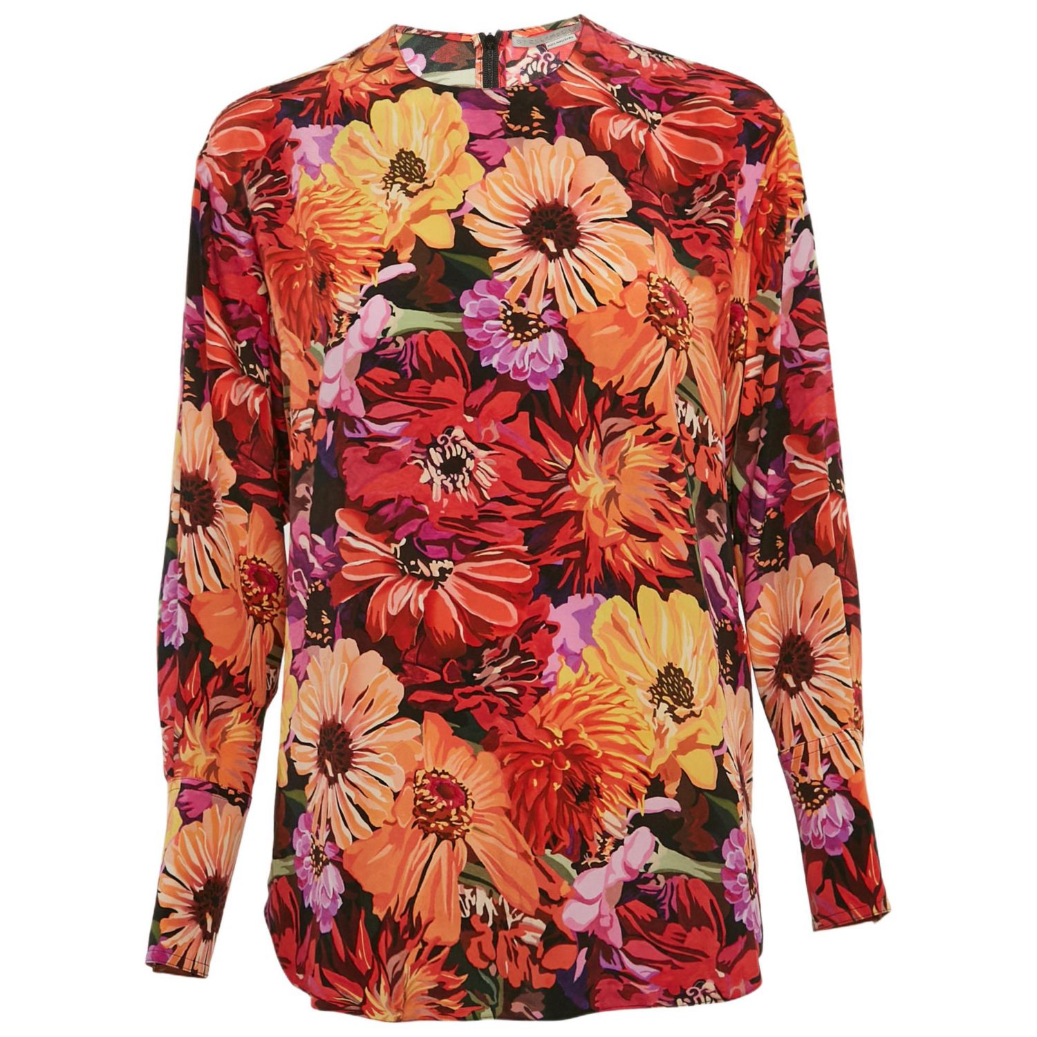Women's Red Poppy Print Silk Long Sleeve Blouse