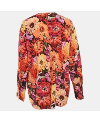 Women's Red Poppy Print Silk Long Sleeve Blouse