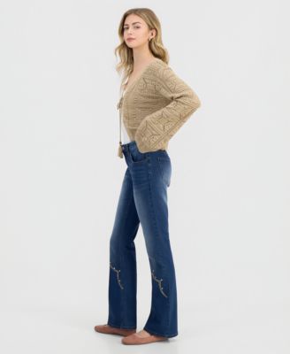 Juniors' Western Embroidery Rhinestone Bootcut Jeans