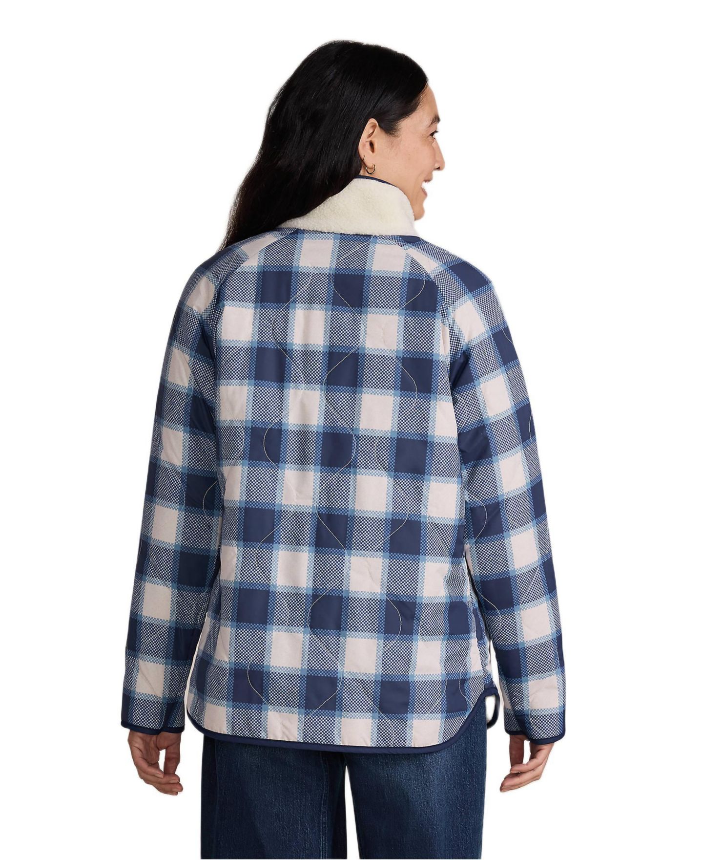 Женская куртка Lands' End High Pile Fleece Reversible Mixed Media Long, цвет: Слоновая кость / Тёмно-синий клетчатый — фото 2