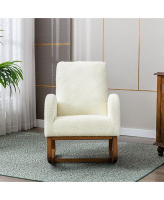 Beige Linen Rocking Recliner Chair – Modern Home Furniture with Wood Legs, Side Pocket & High Back