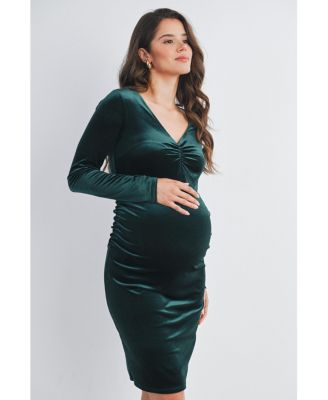 Maternity Long Sleeve V Neck Ruched Velvet Dress - Green - Medium