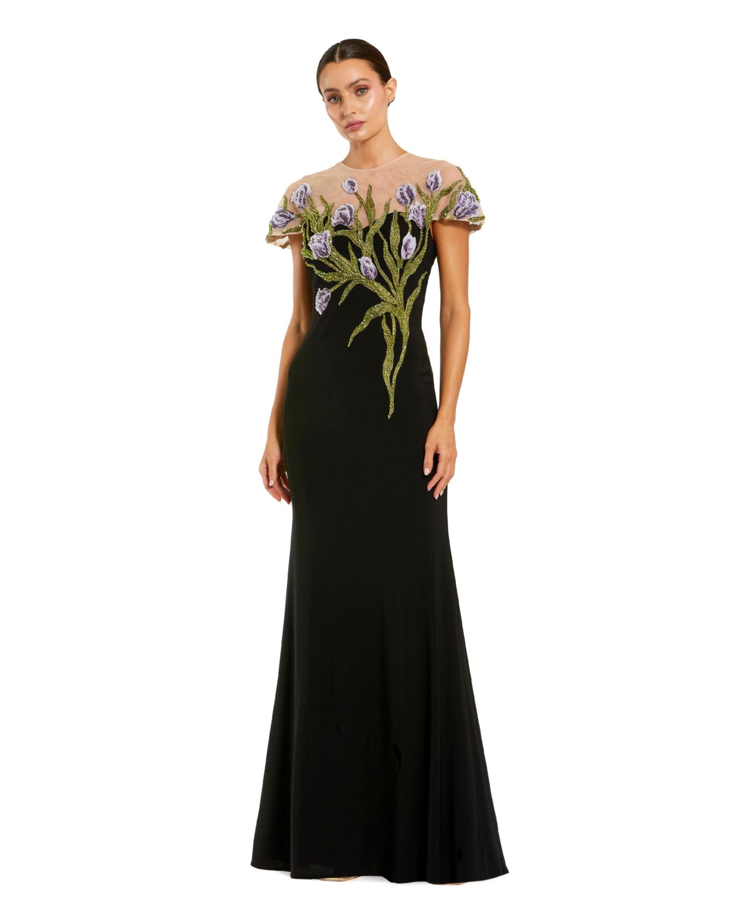 Women's Jersey Floral Embroidered Illusion Neck Gown