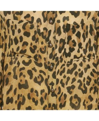 Women's Brown Leopard Print Crepe Button Front Shirt