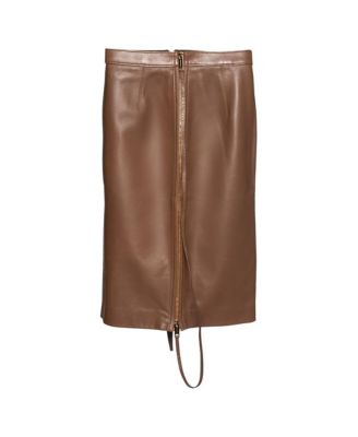 Women's Brown Leather Double Zip Pencil Midi Skirt
