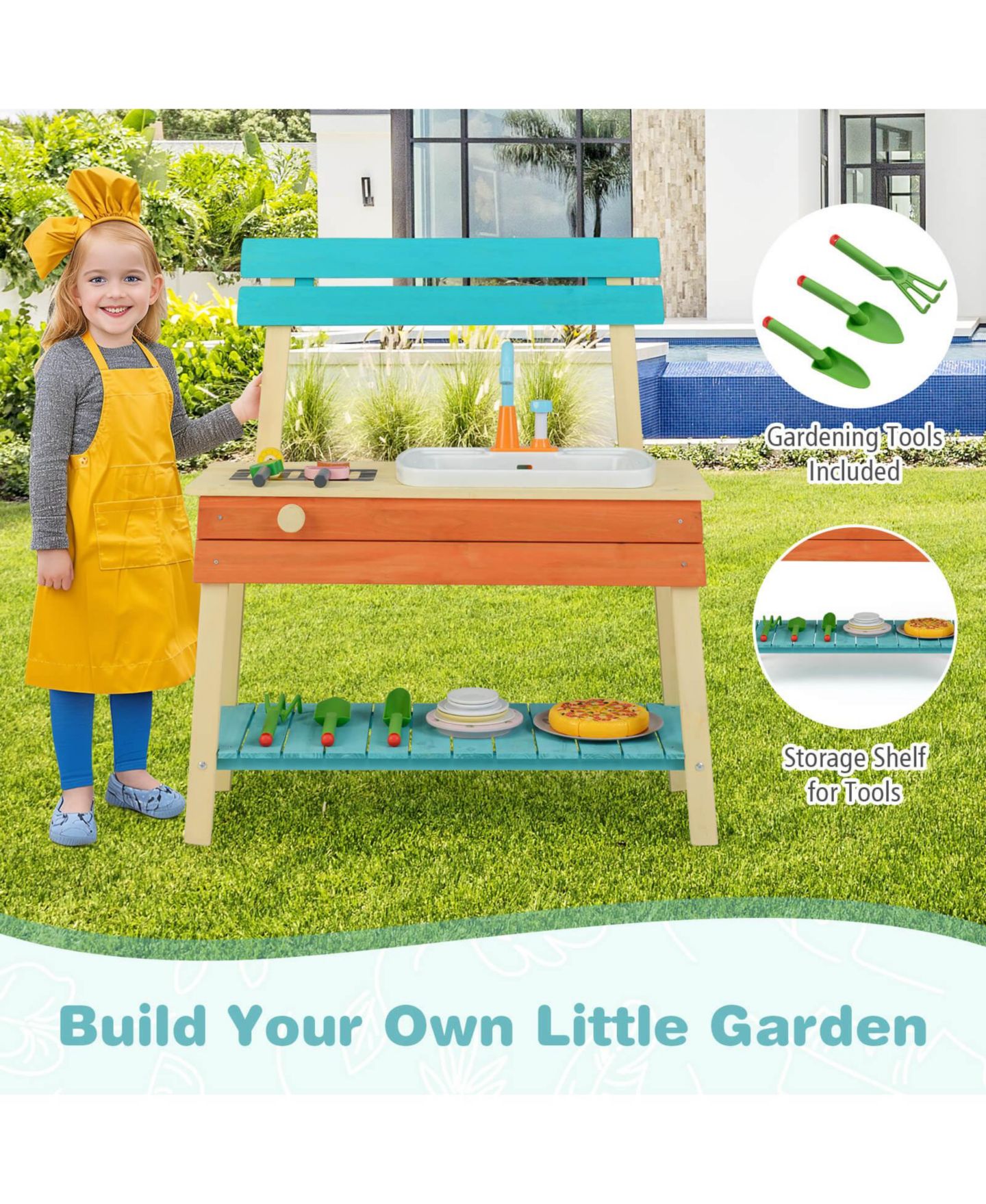 Детская игрушка Costway Water Play Wooden Mud Kitchen, Ages 3-8, цвет: Assorted Pre-Pack — фото 8