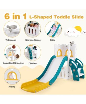 6 in 1 L-shaped Toddle Slide for Toddlers Age 1-3 Baby Slide with Basketball Hoop