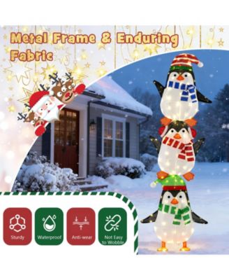 Lighted Penguins Decoration Set of 3 with 156 Warm White Lights Cute Hats & Scarves