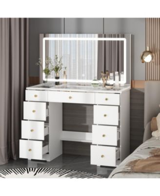 9-Drawer Vanity with 3 Color LED Mirror, Tempered Glass Countertop,Crystal Handle, Makeup Table,Chest