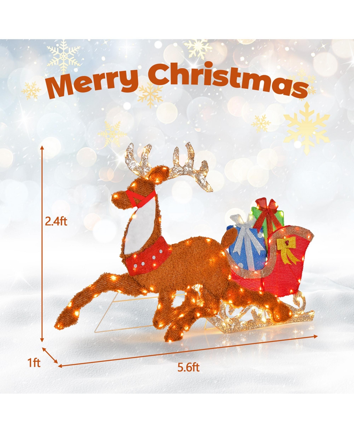 Lighted 2D Christmas Reindeer and Sleigh Decoration Pre-Lit Glittered Decoration